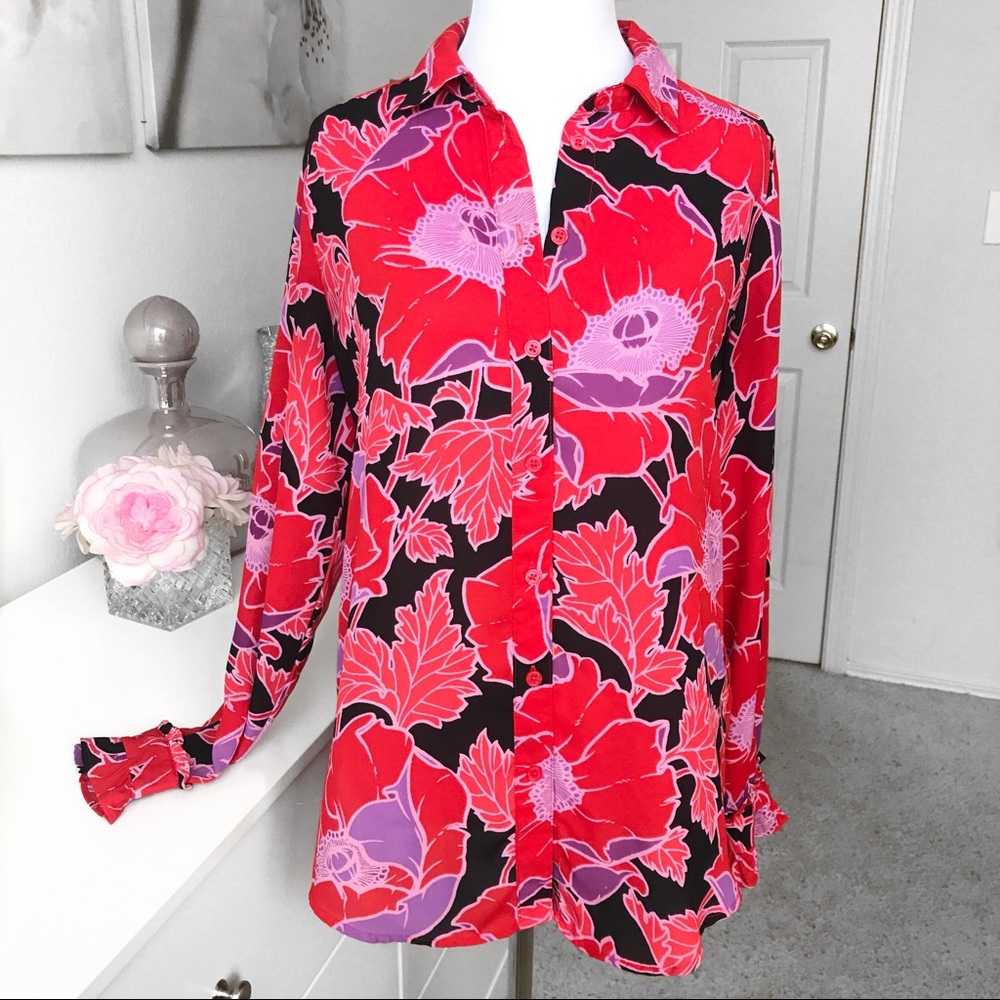 Who What Wear Floral Red & Black Ruffle Long-Sleeve Button Down Blouse Size XS